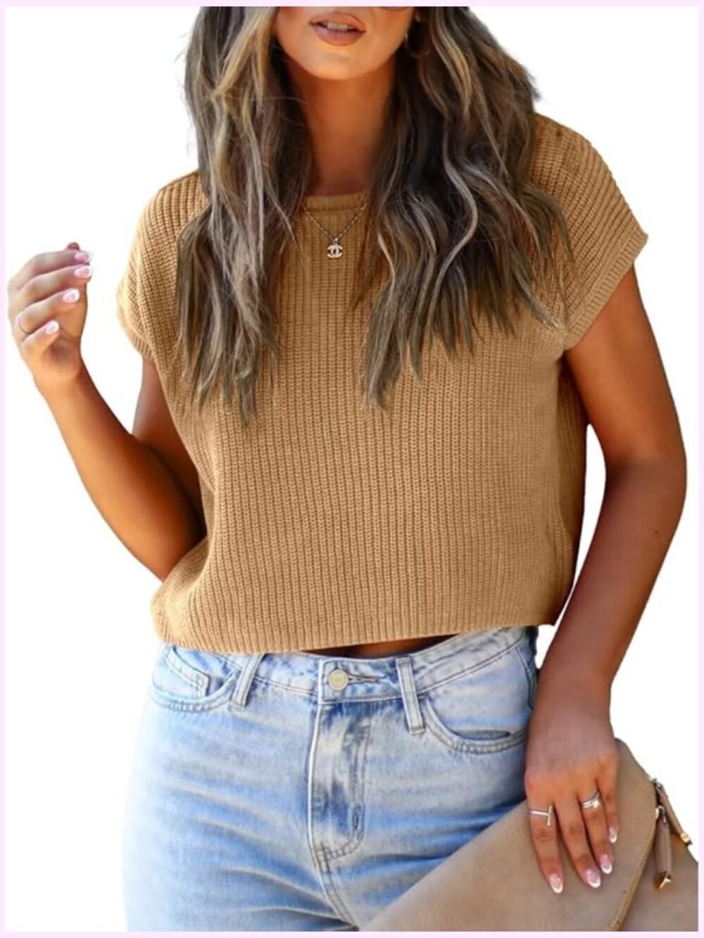 Crew Neck Cap Sleeve Lightweight Knit Sweater Vest Crop Top